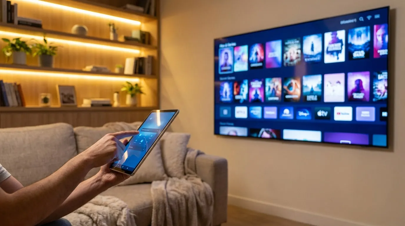 Personne utilisant une tablette pour naviguer sur une interface TV connectée dans un salon chaleureux.