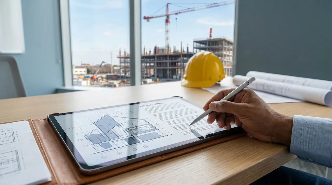 Main d'architecte utilisant un stylet sur une tablette avec des plans de construction devant un chantier.