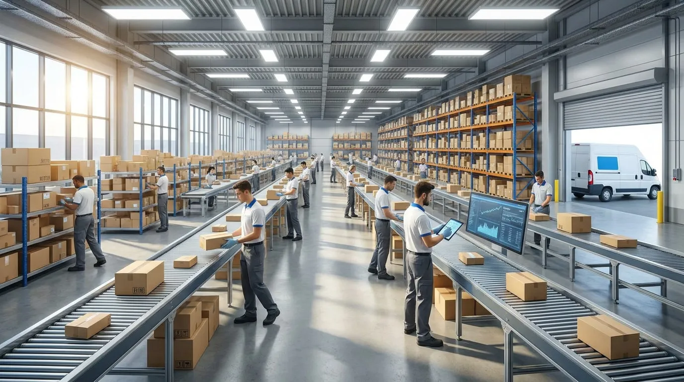 Employés travaillant sur des chaînes de convoyage automatisées dans un entrepôt logistique moderne avec des colis.
