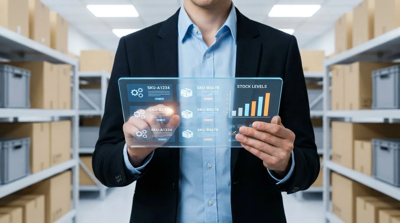 Un homme d'affaires utilisant une interface numérique transparente pour gérer les SKU dans un entrepôt.