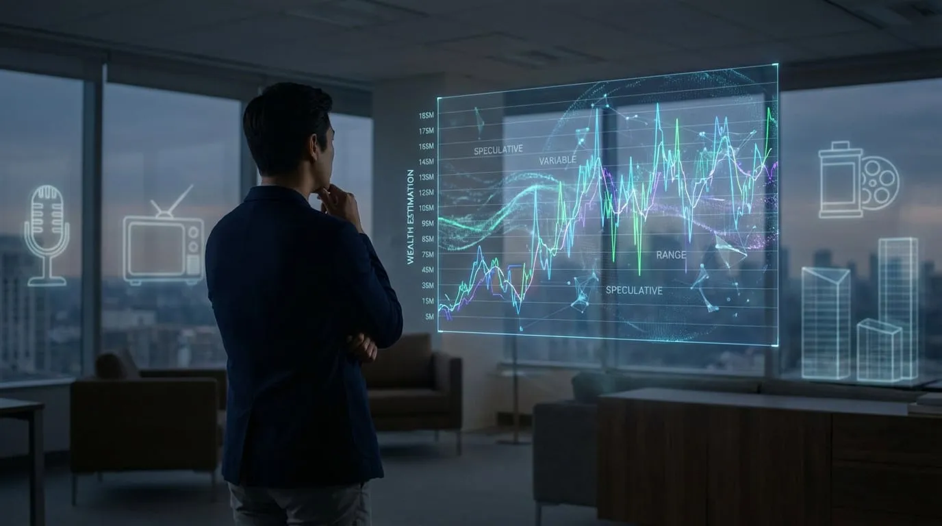 Person views a glowing holographic financial graph with wealth estimations from 1M to 185M. Background shows icons of microphone, TV, film reel, and buildings.