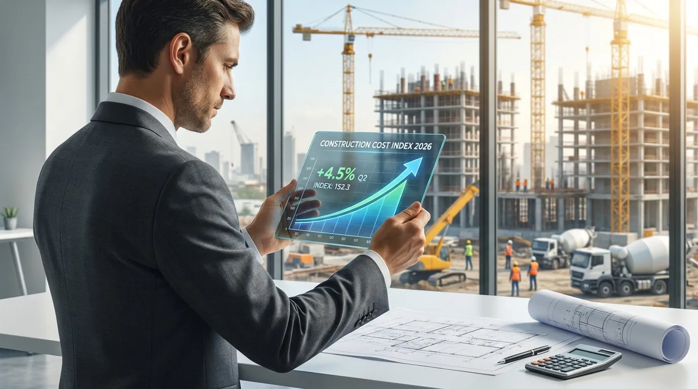 Un professionnel en costume observe une tablette holographique affichant une hausse de 4,5% du coût de la construction.