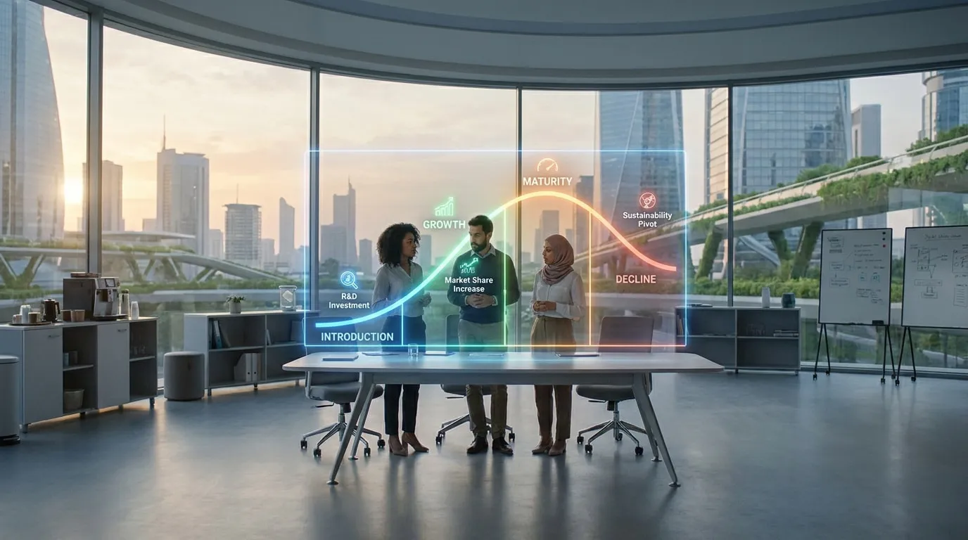Une équipe analysant un graphique holographique du cycle de vie d'un produit dans un bureau moderne avec vue urbaine.