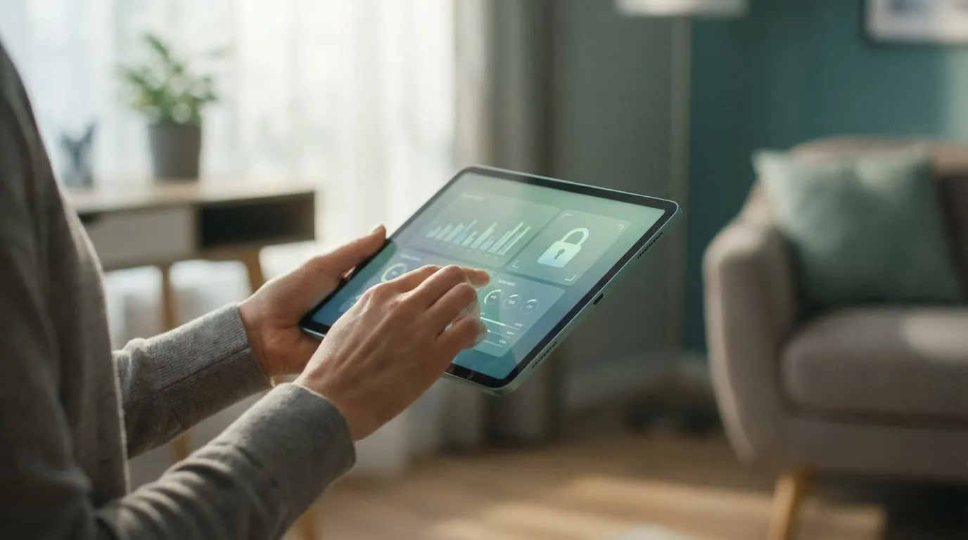 Une personne utilise une tablette affichant des graphiques financiers et une icône de cadenas, symbolisant la sécurité bancaire en ligne.