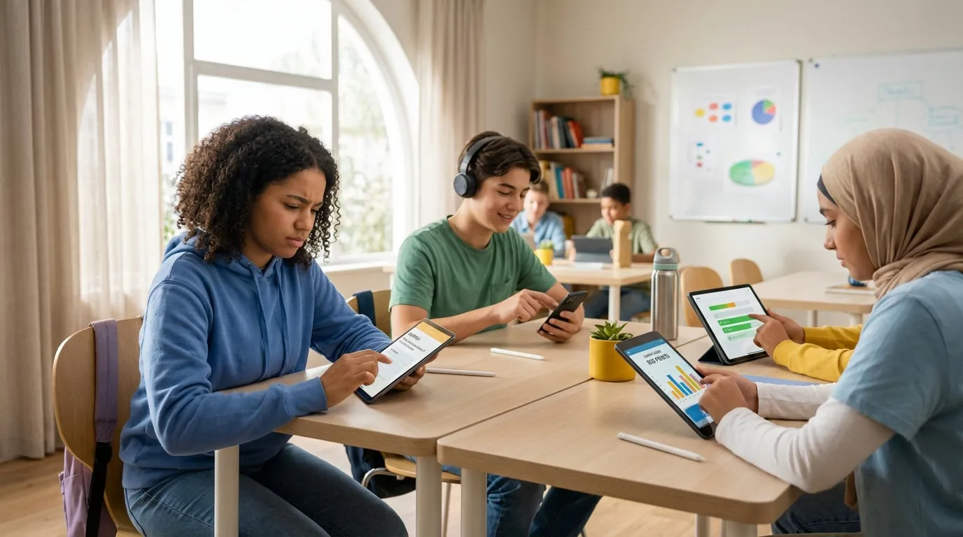 Des élèves multiculturels en classe, chacun sur une tablette ou un smartphone, engagés dans un apprentissage numérique.