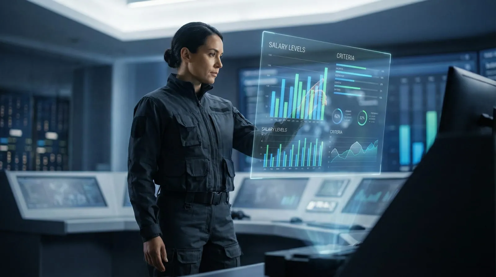 Woman in dark tactical uniform analyzing glowing holographic financial data in a futuristic control room with blurred tech background.