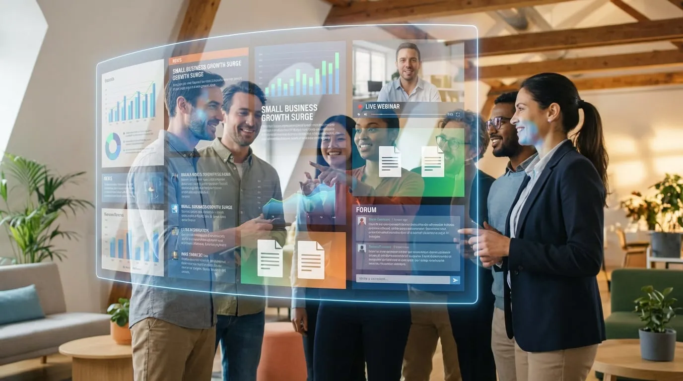 Diverse professionals engage with a large, glowing holographic screen displaying business data, a webinar, and a forum in a modern co-working space.