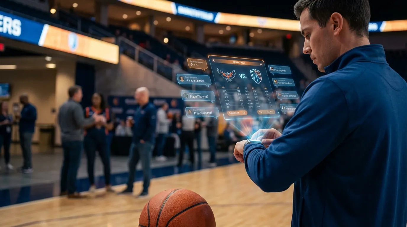 Un homme consulte via sa smartwatch une interface holographique de stats et commentaires d'un match de basket, ballon en premier plan.
