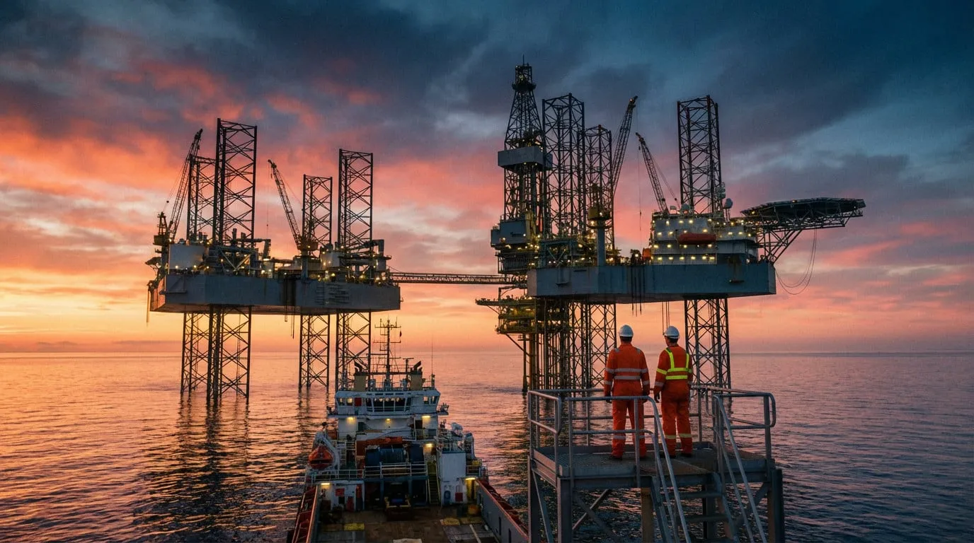 Two workers in safety gear view massive offshore oil rigs at a vibrant golden hour sunset, with calm ocean reflections.