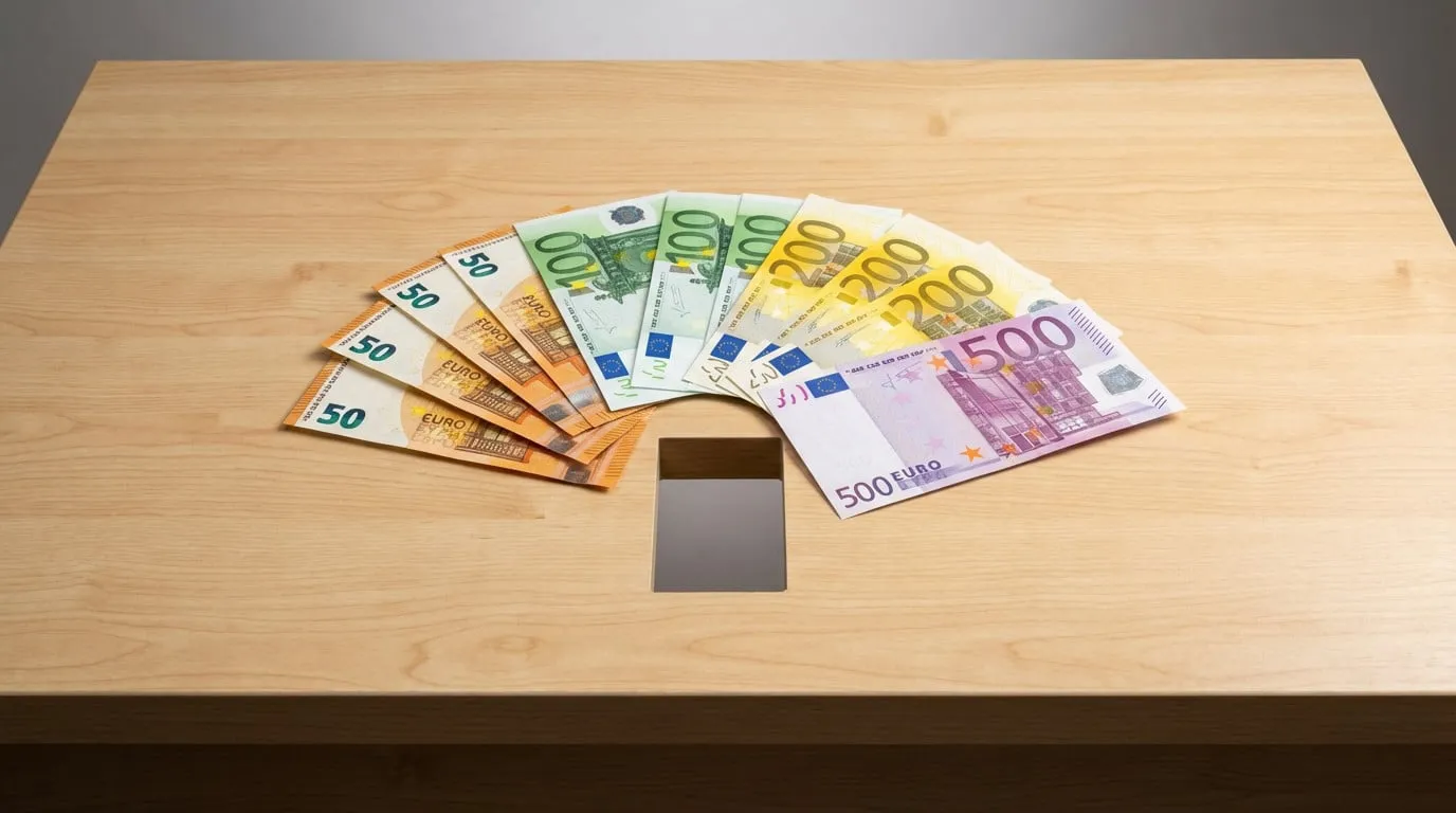 Fanned euro banknotes (50, 100, 200, 500) on a wooden desk, with a placeholder for a non-existent 1000 euro bill.