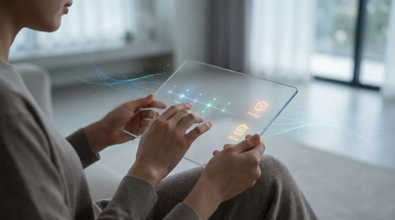 Mains interagissant avec une tablette transparente futuriste. L'écran affiche une chronologie numérique et des options 'manage' et 'delete'.