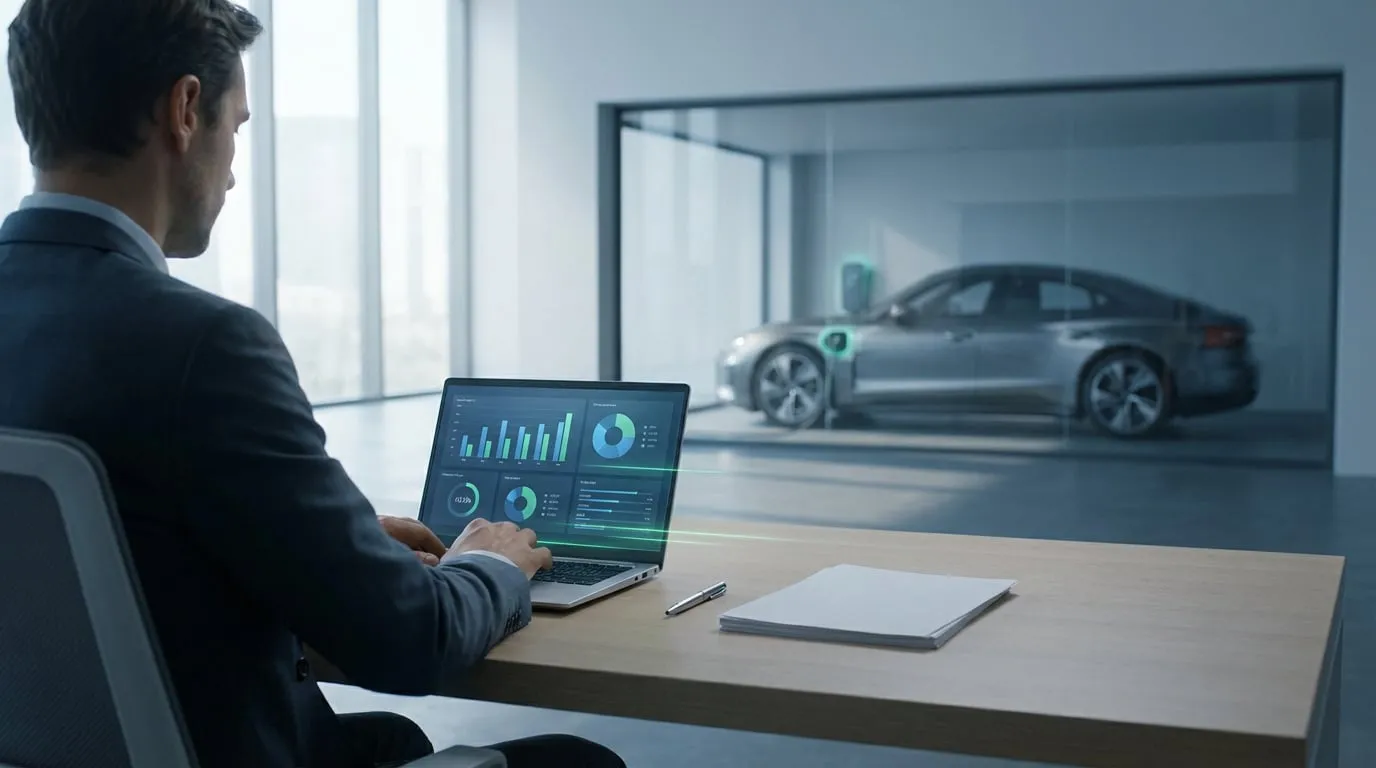 Un homme d'affaires analyse des données sur ordinateur portable, avec une voiture électrique en charge derrière une vitre.