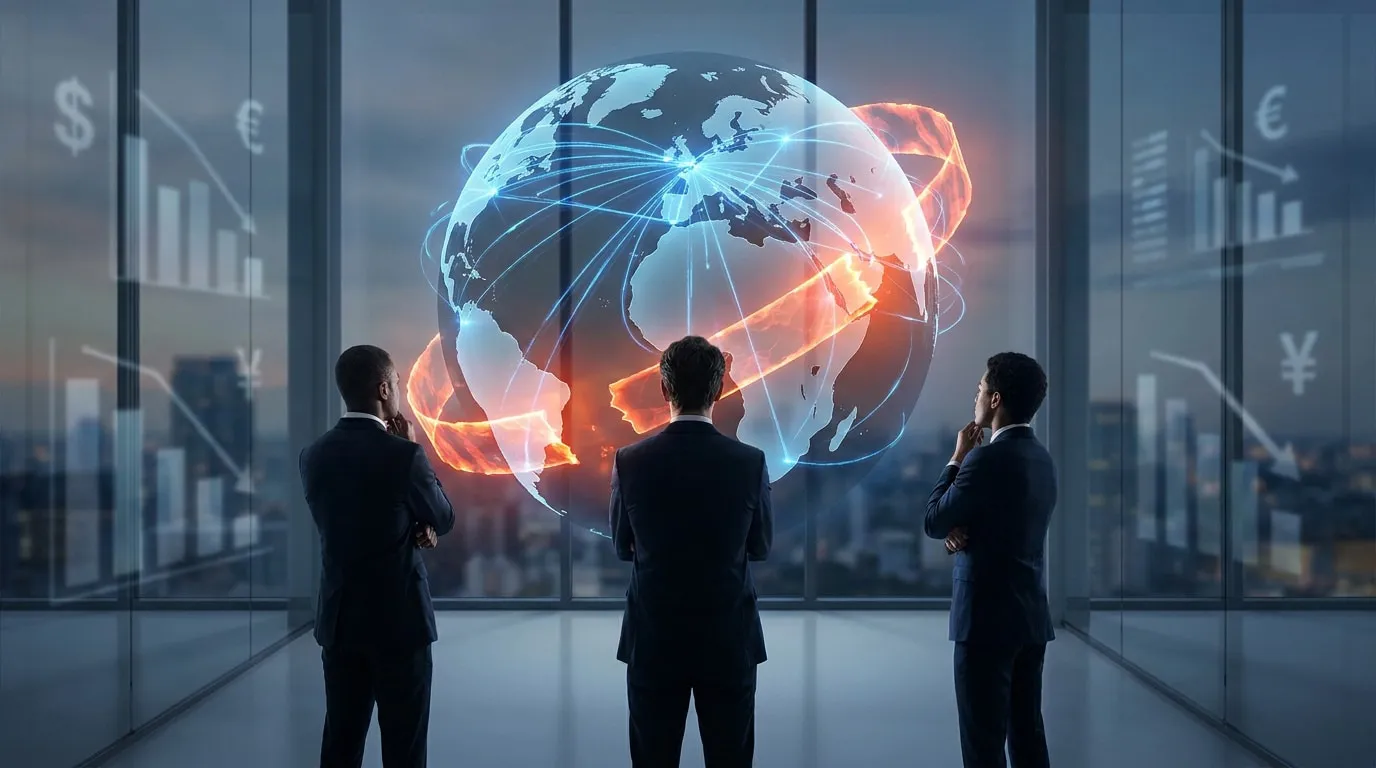 Trois hommes d'affaires regardent un hologramme terrestre montrant des flux commerciaux et des zones de blocage.
