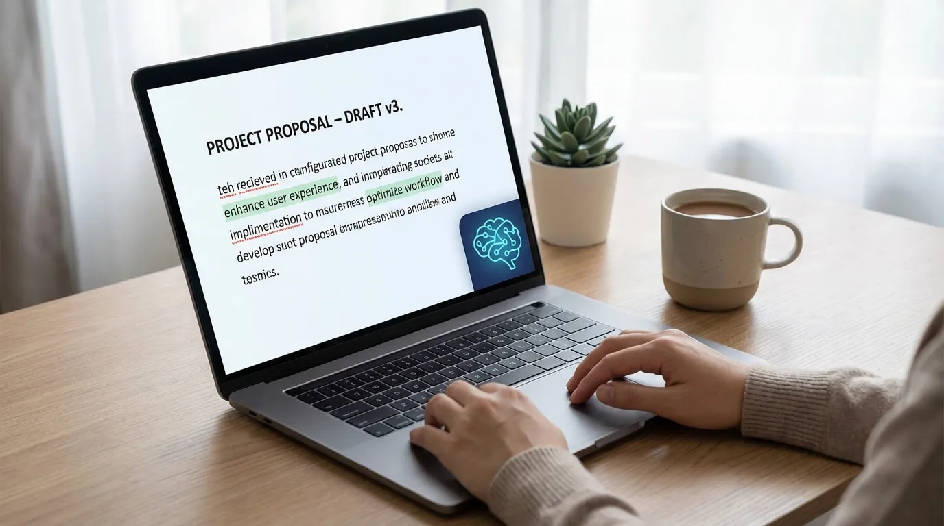 Mains tapant sur un ordinateur portable affichant un document avec des corrections, des mots soulignés et une icône d'IA de cerveau lumineux.