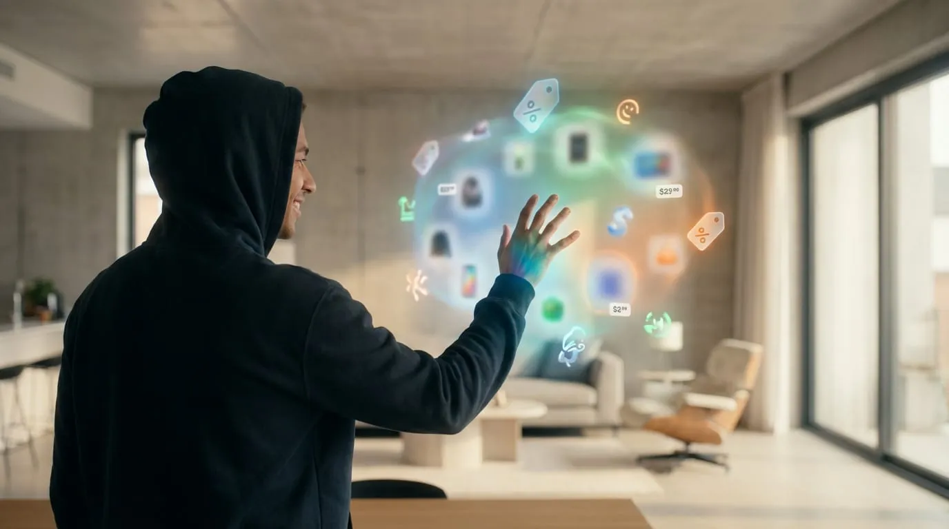 Un homme souriant en sweat à capuche interagit avec une interface holographique flottante d'icônes de shopping dans un salon moderne.