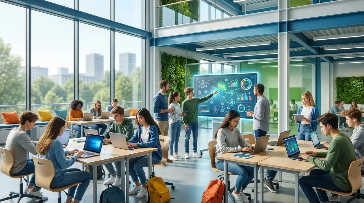Lycée moderne: élèves sur laptops, un groupe avec enseignant devant un écran interactif de données. Murs végétaux, grandes fenêtres.