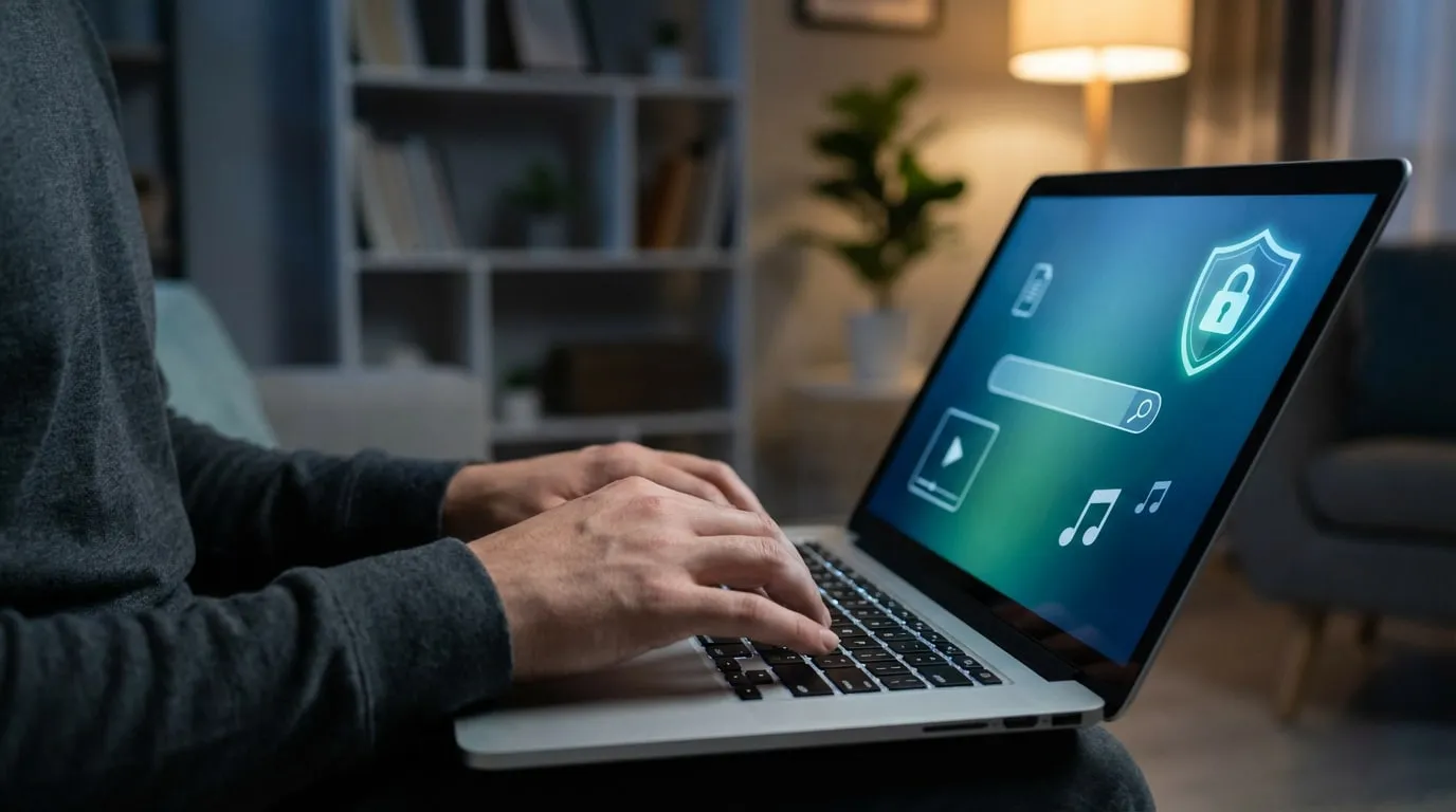 Personne tapant sur un ordinateur portable, écran affichant un bouclier de sécurité, une barre de recherche et des icônes multimédias.