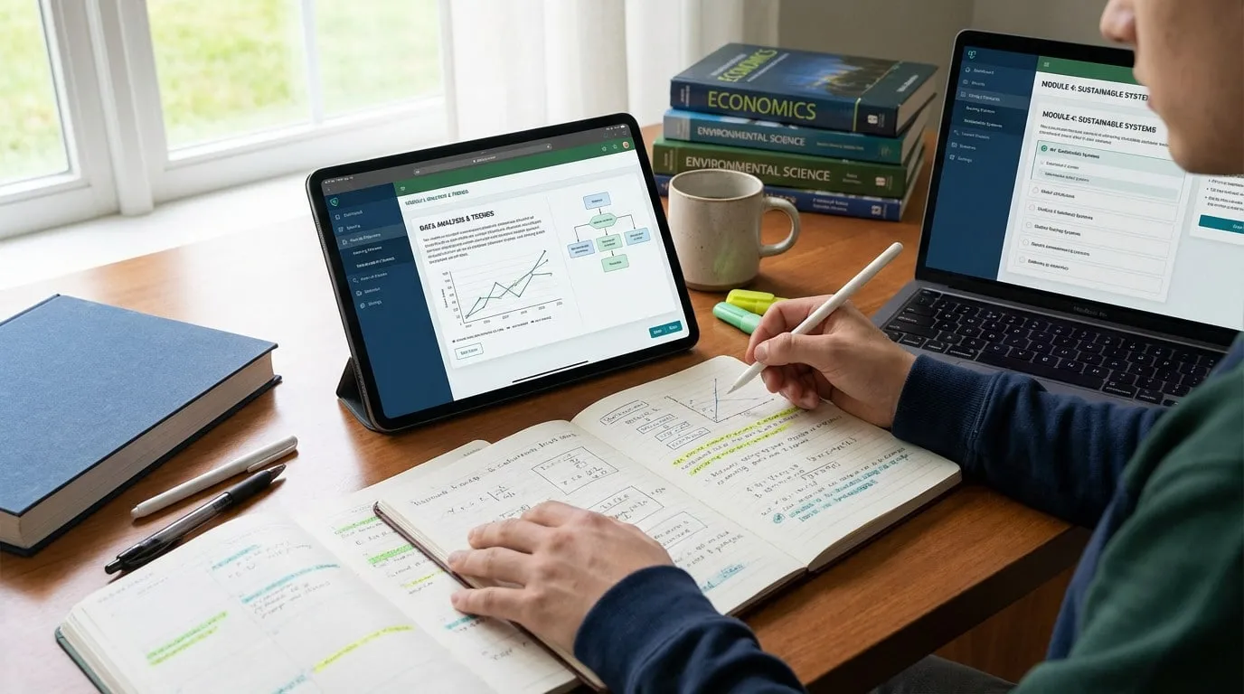 Student's hands interact with a tablet and notebook on a wooden desk, showing digital charts and handwritten notes. Books, pens, and natural light create a focused study environment.