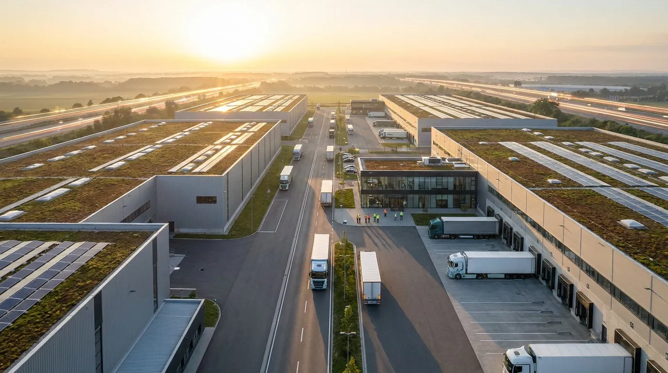 Vue aérienne au lever du soleil sur le parc logistique Garonor avec ses entrepôts aux toits végétalisés et camions.
