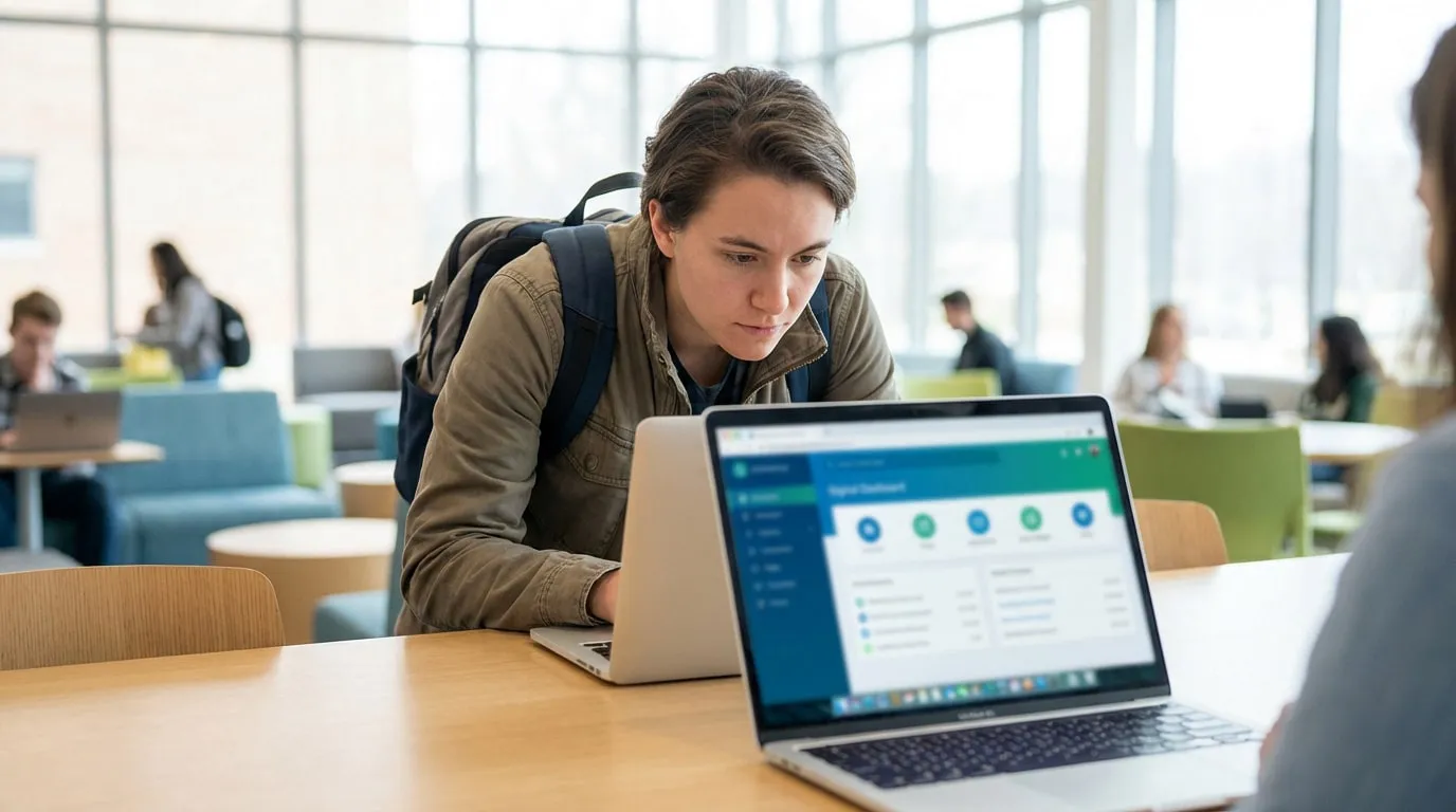 Un étudiant concentré sur son ordinateur portable dans un espace d'étude moderne, se connectant à une plateforme en ligne.