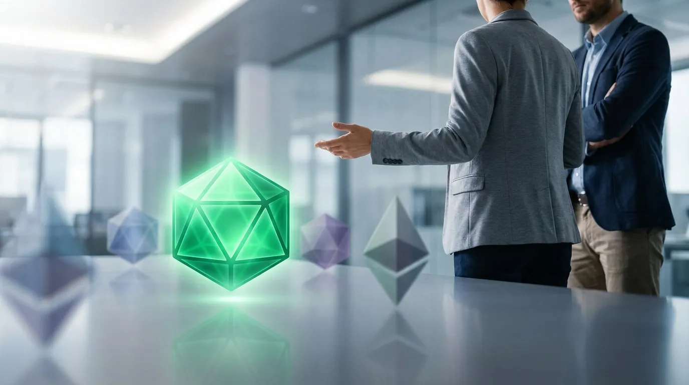 Deux professionnels observant une projection holographique 3D d'un polyèdre lumineux sur une table de réunion.