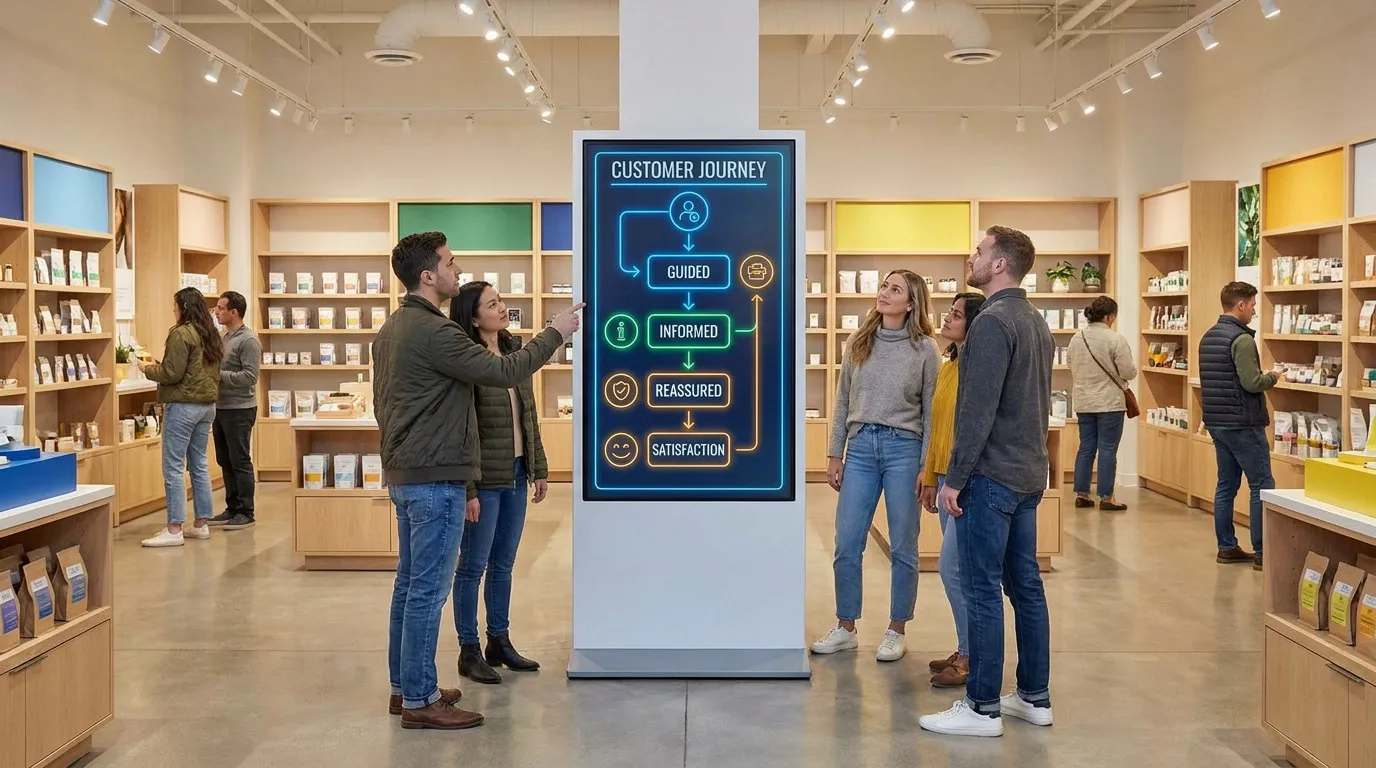 Clients dans un magasin observant un écran numérique affichant le diagramme du parcours client.