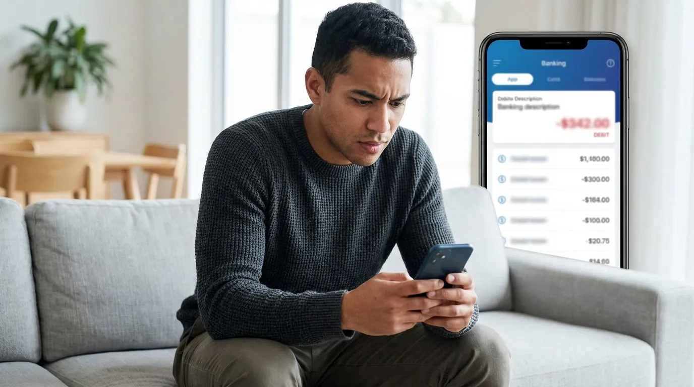 Un homme jeune et inquiet regarde son smartphone. L'écran d'une app bancaire avec un débit de 342 $ est superposé.