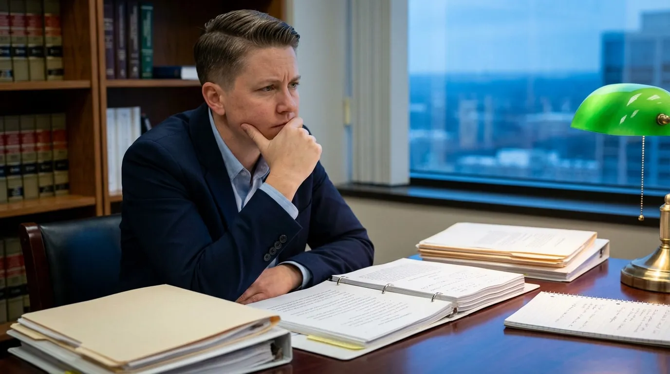 Une personne pensive en costume, assise à un bureau avec des documents et des livres de droit, symbolisant la réflexion sur le licenciement.