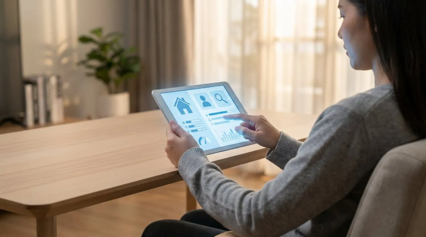 Femme utilisant une tablette affichant une interface de gestion de compte (icônes maison, profil, recherche, graphiques) dans un salon moderne.