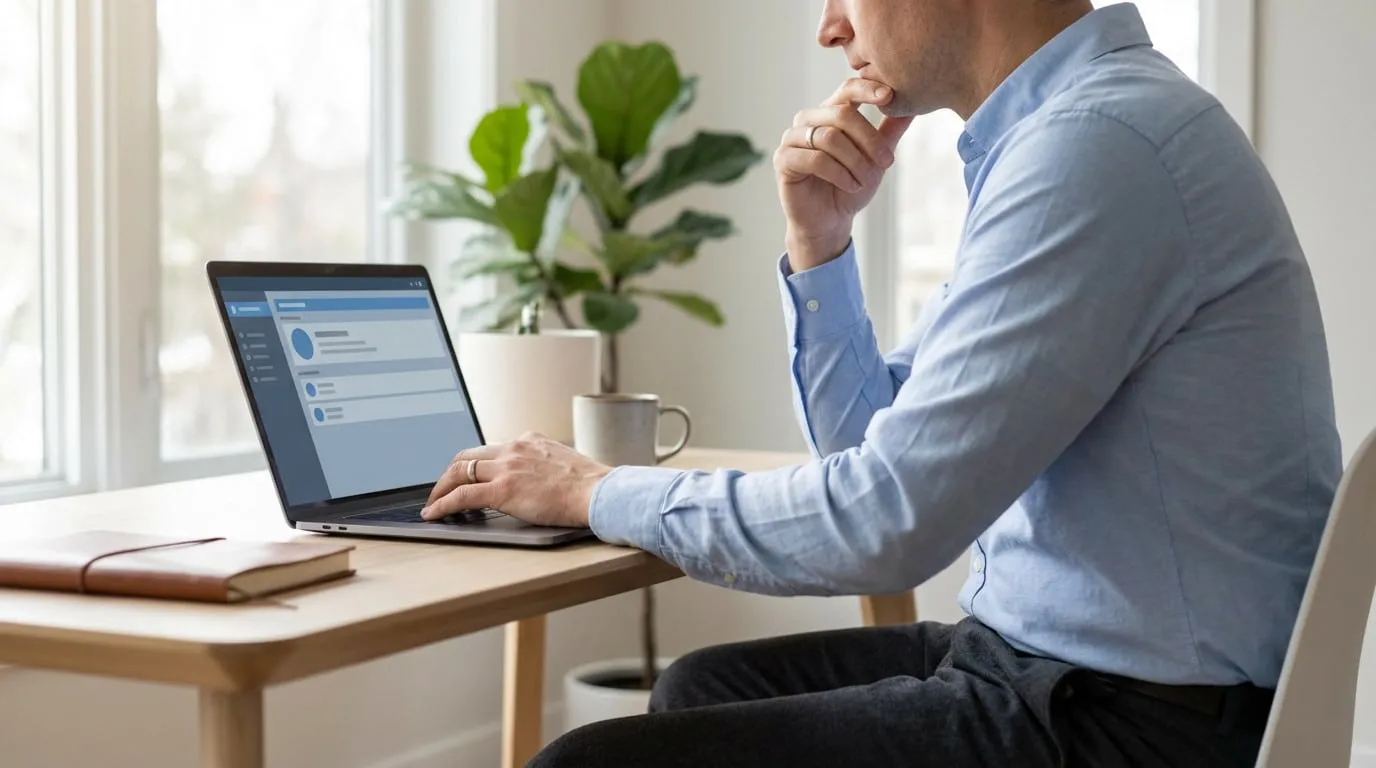 Professional in smart casual attire focused on laptop at modern desk, hand on keyboard, chin thoughtful. Bright home office, plant.
