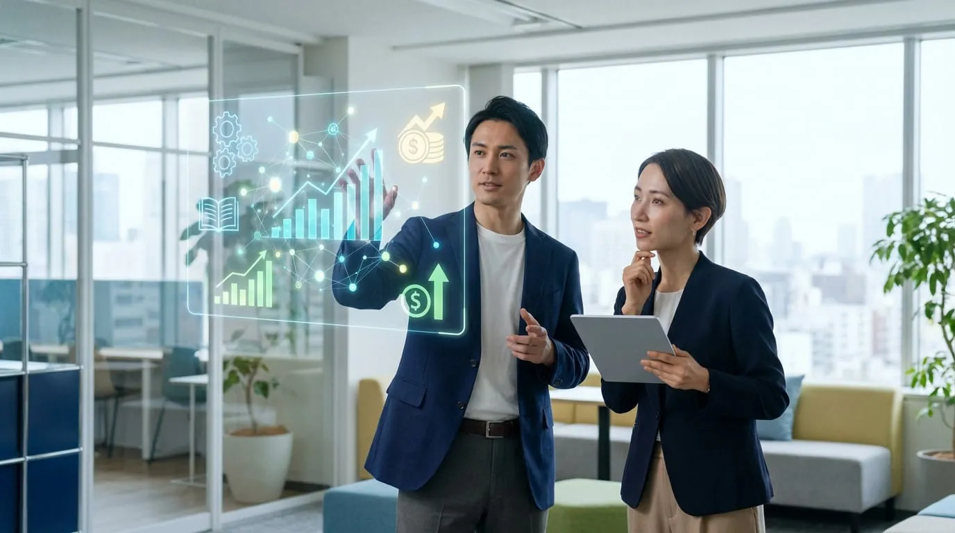 Two professionals examine a holographic display with business data, graphs, and network nodes in a modern, sunlit office.