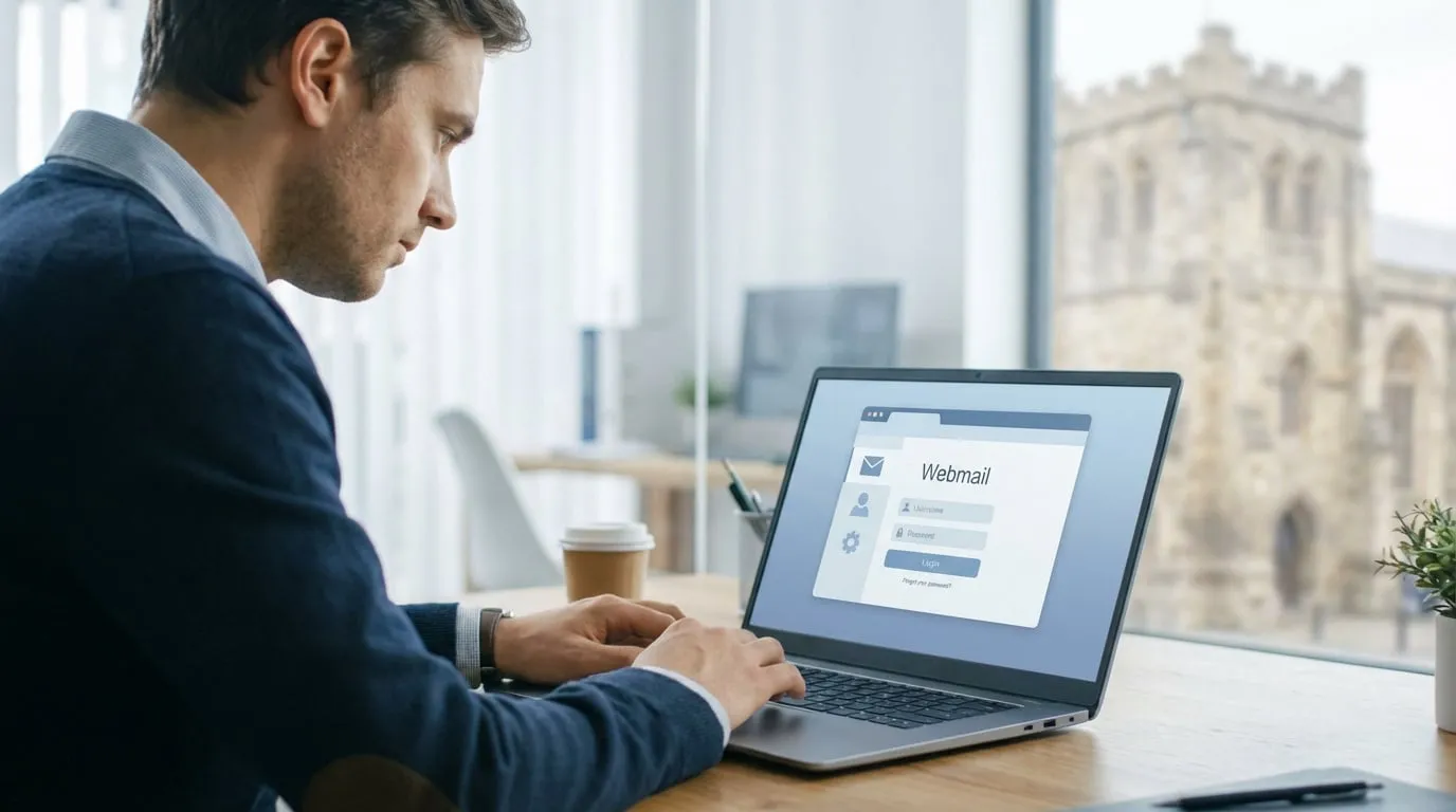Un homme utilise un ordinateur portable pour se connecter à l'interface Webmail, avec un bâtiment historique en arrière-plan.