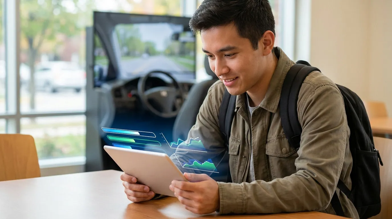 Jeune homme souriant avec sac à dos regarde une tablette affichant des graphiques numériques. Intérieur de voiture visible en fond.