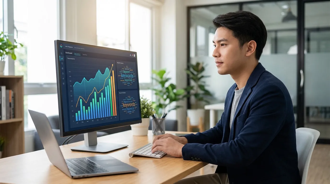 Jeune professionnel analysant des graphiques de données et des mots-clés SEO sur écran d'ordinateur, dans un bureau moderne.