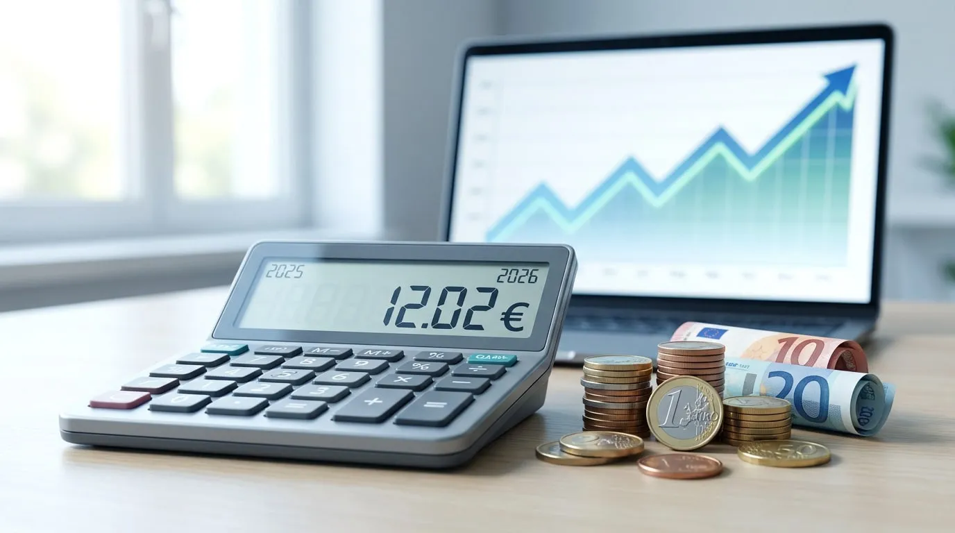 Calculatrice affichant 12.02€ pour 2025/2026, avec billets et pièces en euros, et graphique de croissance sur un ordinateur.