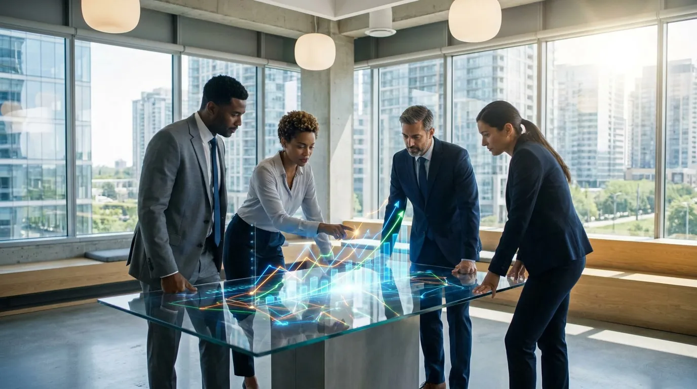Une équipe de professionnels analyse des graphiques financiers holographiques sur une table en verre dans un bureau.