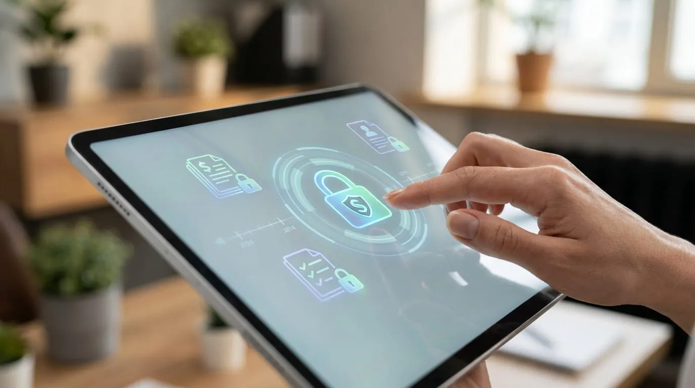 Close-up of a hand touching a tablet screen with a glowing blue/green digital safe icon and secure HR document symbols, indicating data protection.