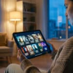 Femme sur canapé regardant un service de streaming sur tablette dans un salon cosy et éclairé