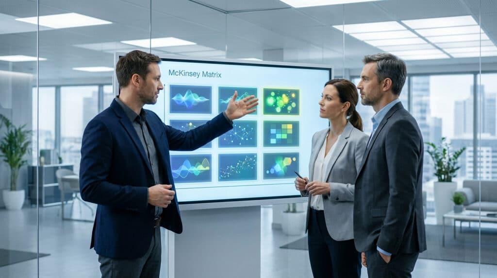 Trois professionnels en réunion analysent des données de la matrice McKinsey sur un écran numérique dans un bureau moderne.
