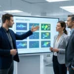 Trois professionnels en réunion analysent des données de la matrice McKinsey sur un écran numérique dans un bureau moderne.
