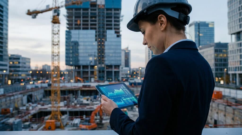 Une ingénieure en casque de chantier analyse des graphiques financiers sur une tablette face à une grue et un immeuble.