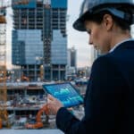 Une ingénieure en casque de chantier analyse des graphiques financiers sur une tablette face à une grue et un immeuble.