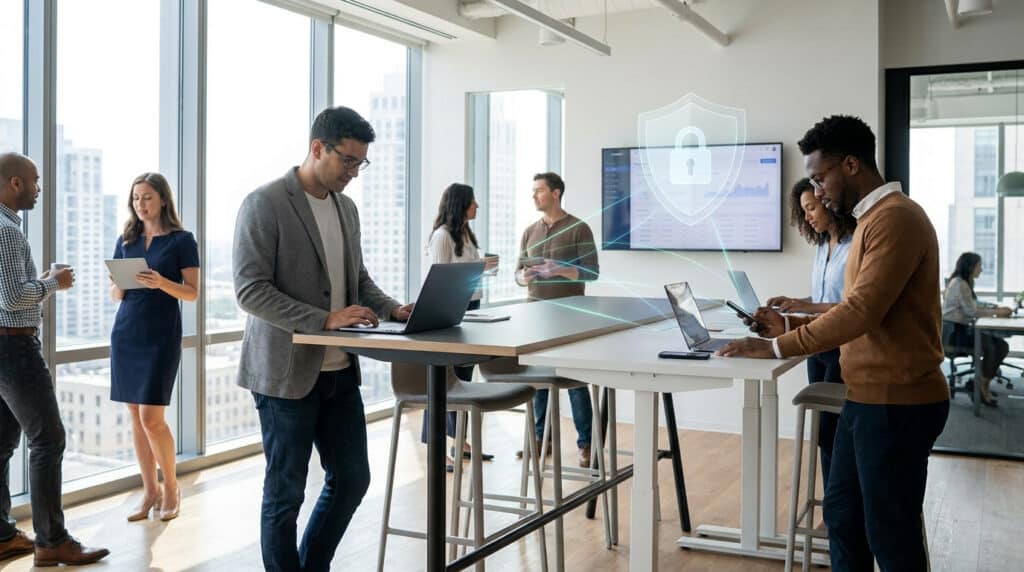 Professionnels travaillant sur des appareils numériques avec une icône de bouclier numérique symbolisant la cybersécurité.