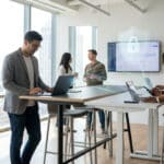 Professionnels travaillant sur des appareils numériques avec une icône de bouclier numérique symbolisant la cybersécurité.