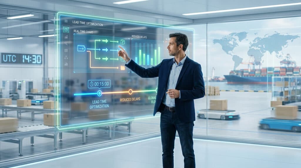 Un responsable logistique manipule une interface numérique holographique pour optimiser les délais de livraison en entrepôt.