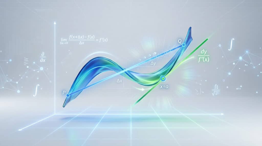 Graphique 3D abstrait illustrant le calcul d'une dérivée avec des formules mathématiques sur un fond numérique.
