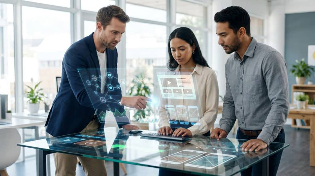 Trois collègues analysant des données et des interfaces numériques sur une table interactive dans un bureau moderne.
