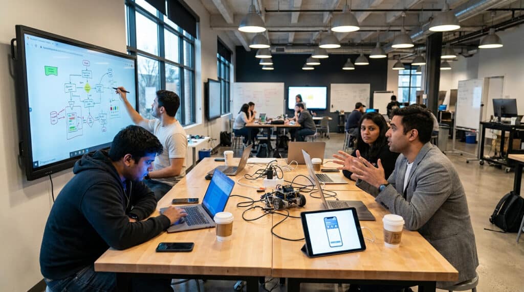 Équipe diversifiée travaillant ensemble sur un projet technique dans un espace de bureau collaboratif moderne.