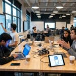 Équipe diversifiée travaillant ensemble sur un projet technique dans un espace de bureau collaboratif moderne.
