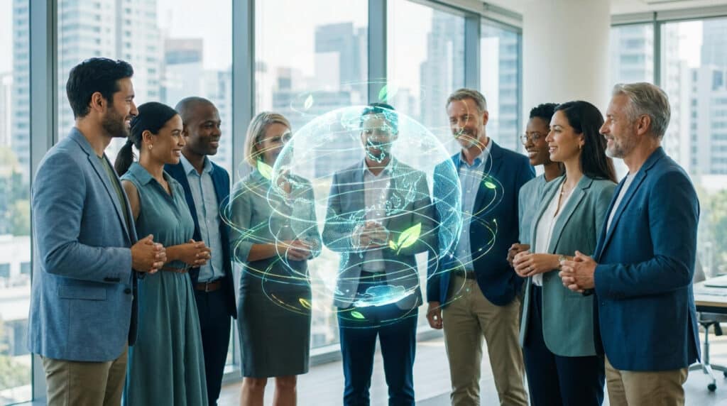 Un groupe de professionnels diversifiés entoure une représentation holographique lumineuse de la Terre avec des feuilles.